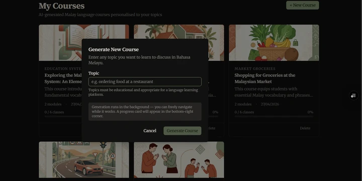 BahasaBot course builder generating modules and quizzes from a topic.