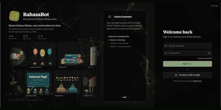 BahasaBot landing page, course-generator preview, and sign-in screen.