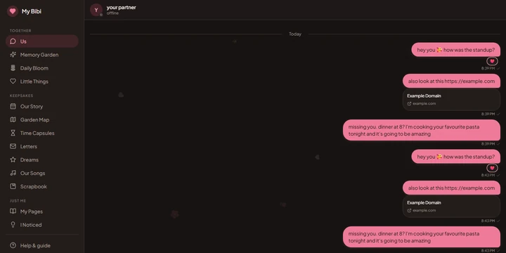 My Bibi desktop chat interface in dark mode.