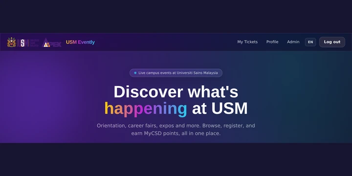 USM Evently home page hero inviting students to discover campus events.